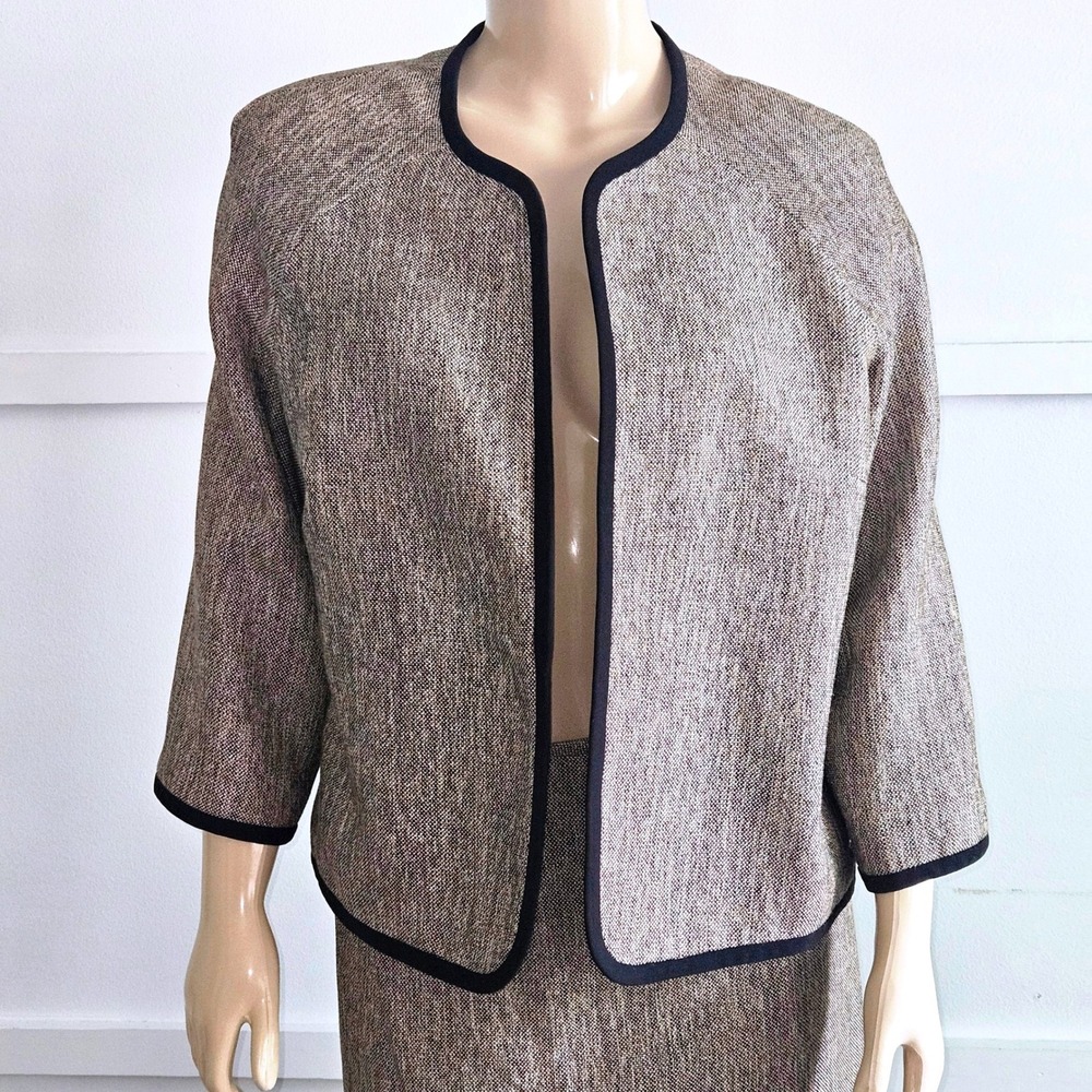 Kasper Brown/Black Textured Skirt Suit Set Open Jacket Pencil Skirt Size 16 - Picture 6 of 8